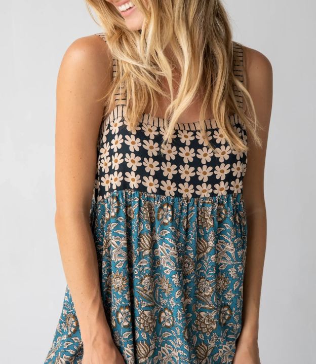 Patti Side Slit Maxi Dress - Teal Cream Mixed Floral