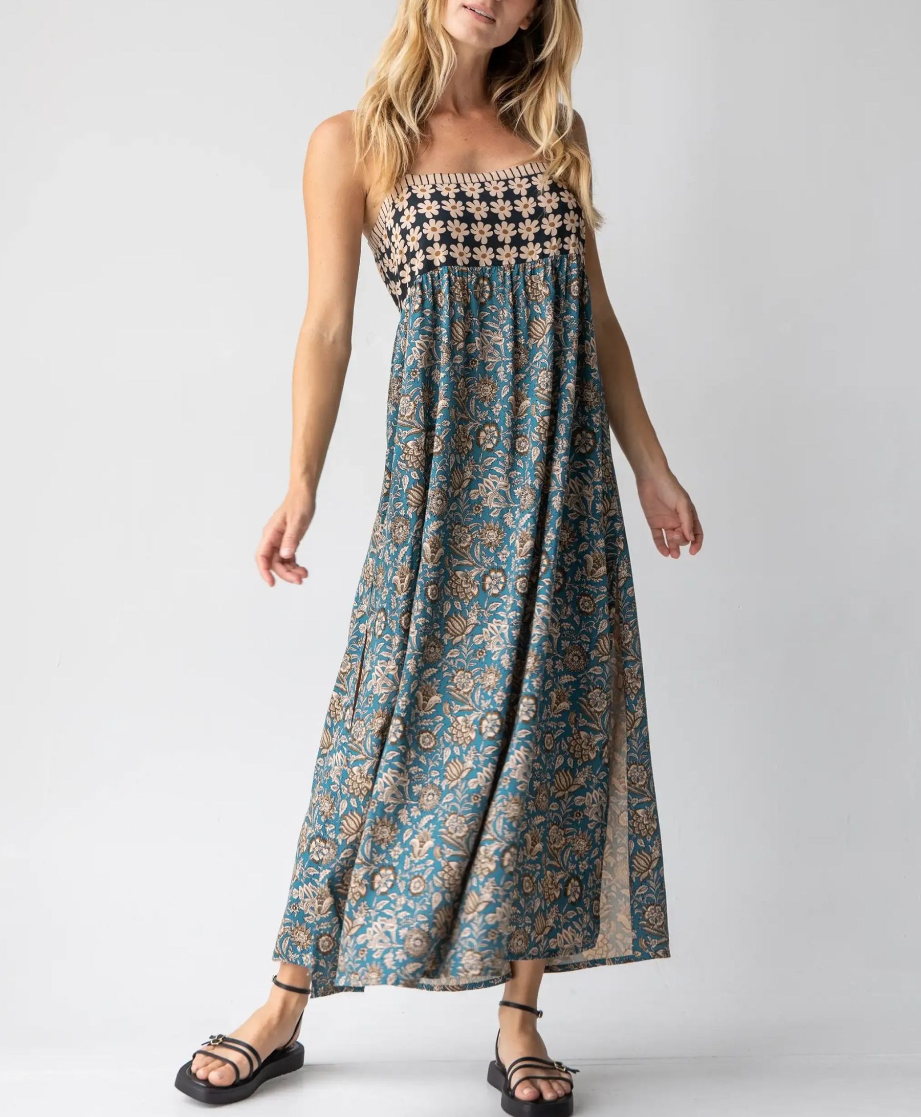 Patti Side Slit Maxi Dress - Teal Cream Mixed Floral