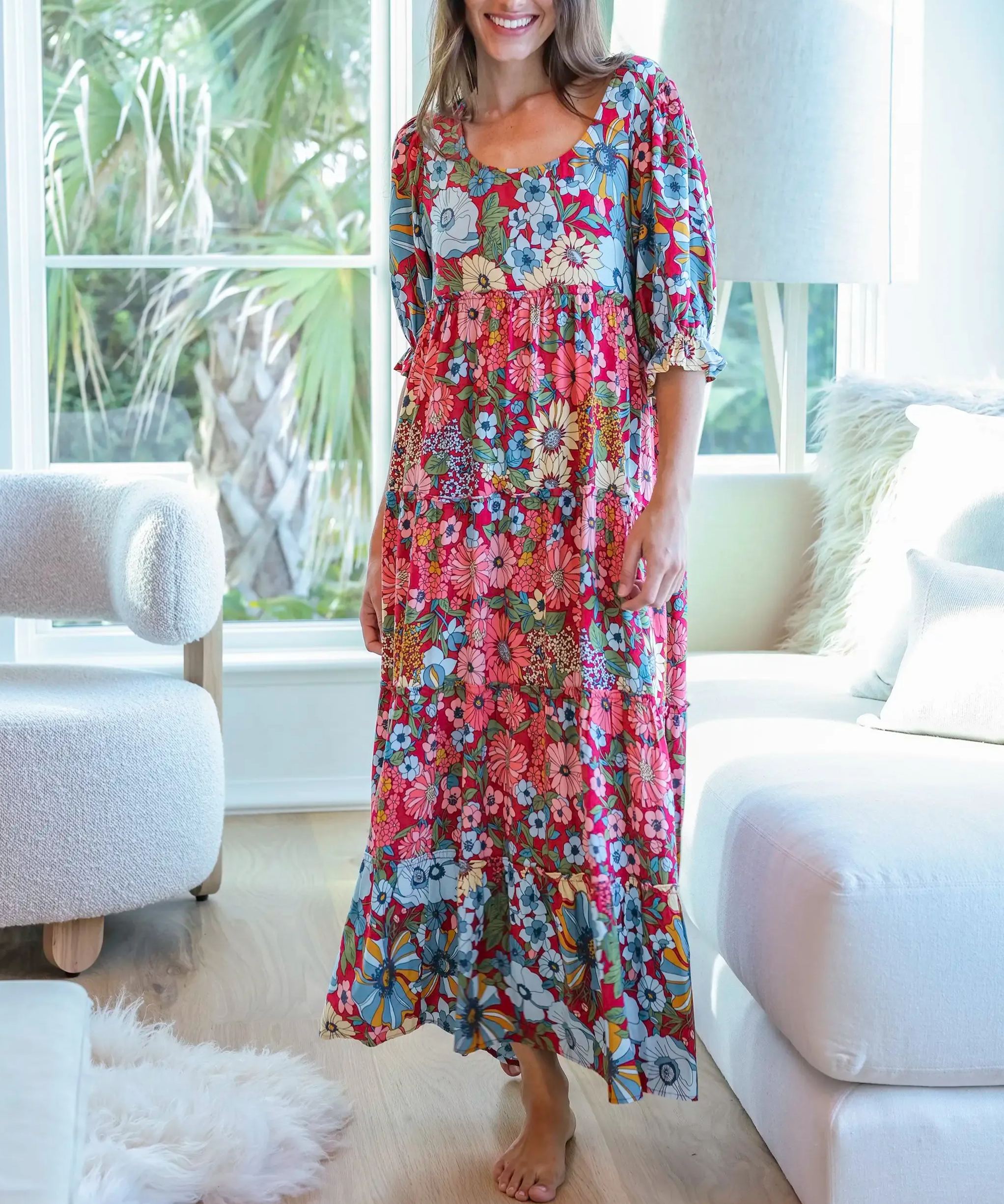 Collette Tiered Maxi Dress - Blue Red Floral