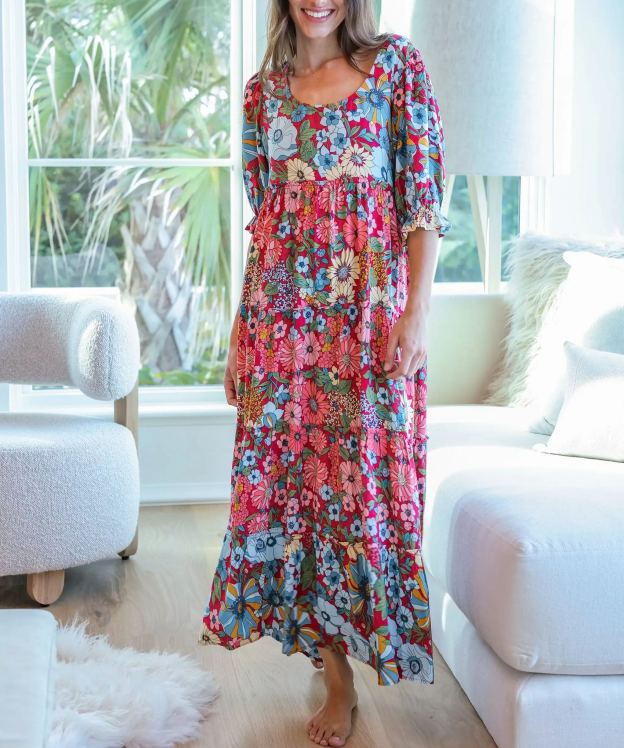 Collette Tiered Maxi Dress - Blue Red Floral