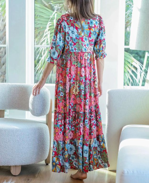 Collette Tiered Maxi Dress - Blue Red Floral