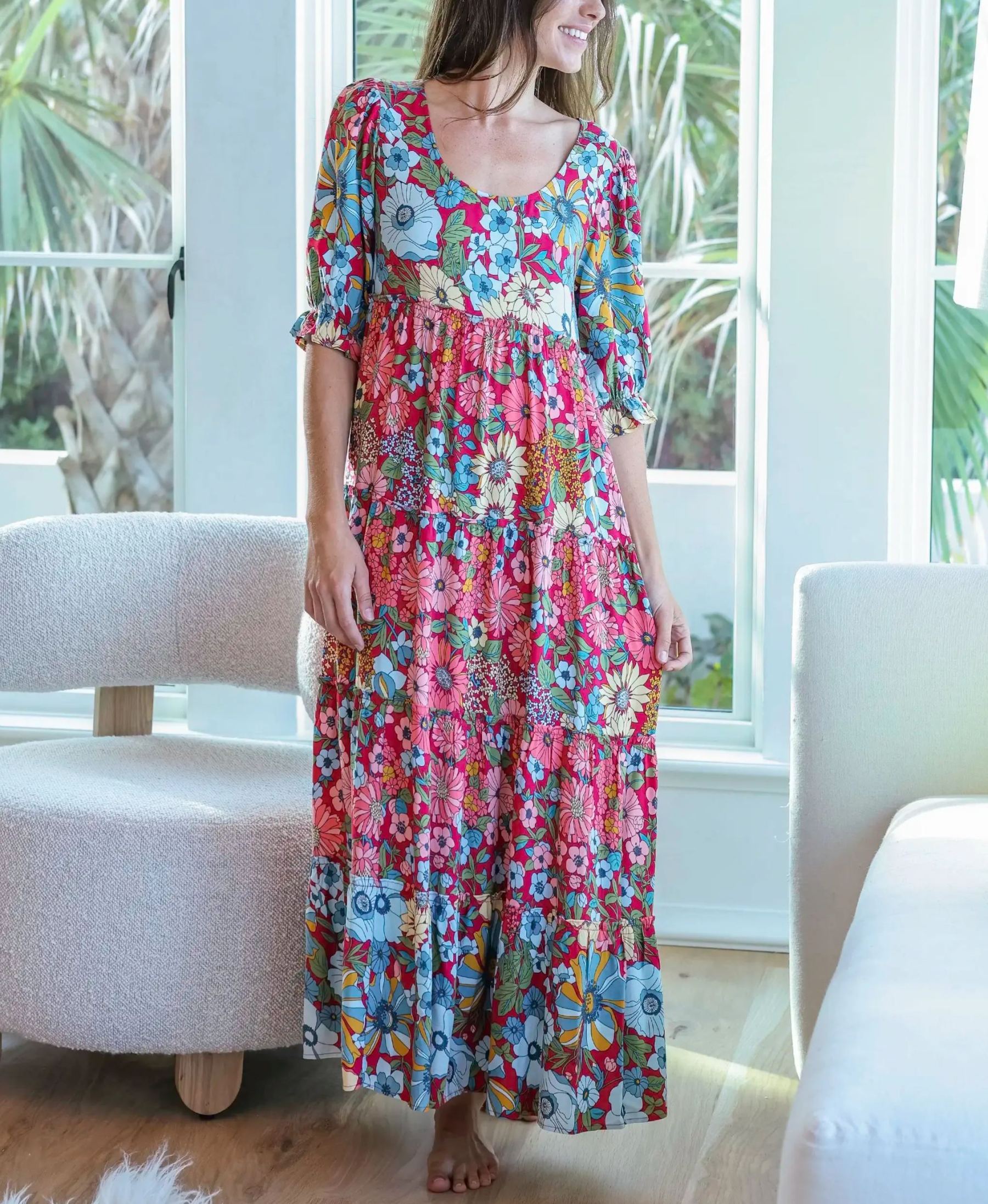 Collette Tiered Maxi Dress - Blue Red Floral