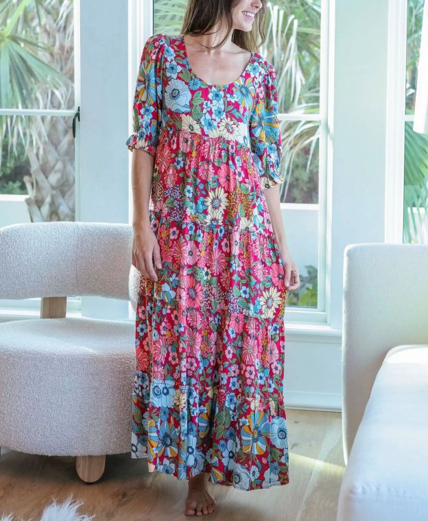 Collette Tiered Maxi Dress - Blue Red Floral