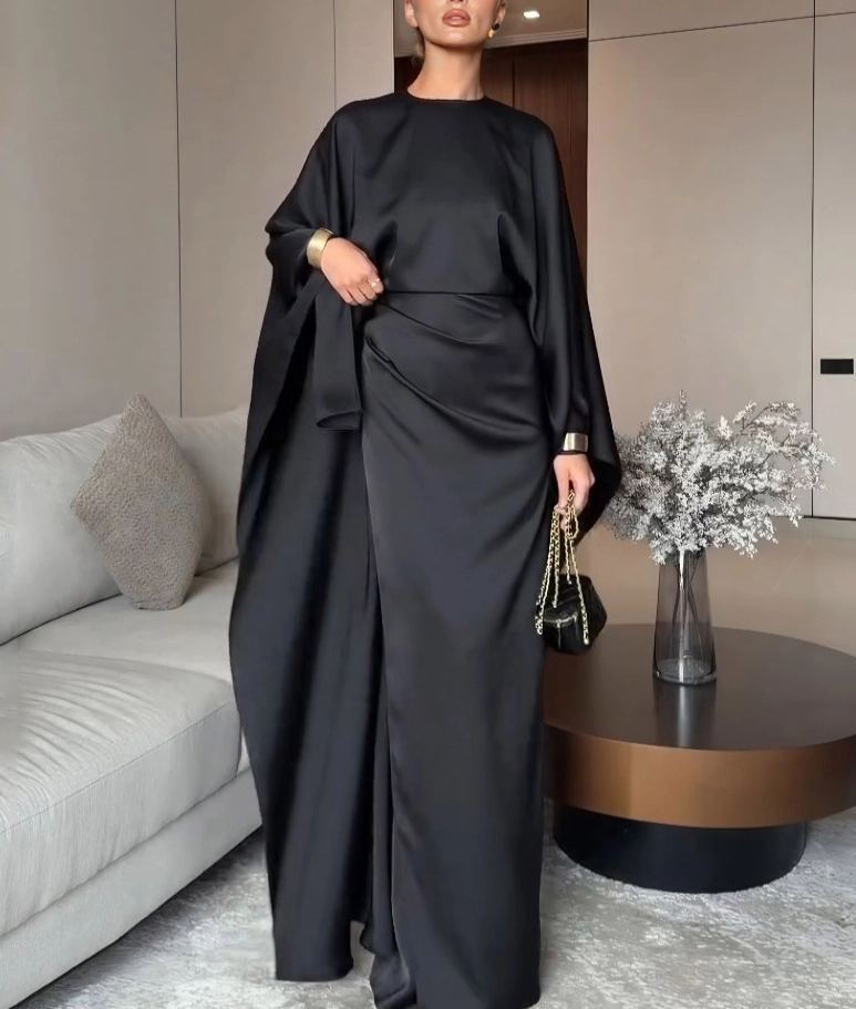 Elegant Satin Pleated Batwing Sleeve Maxi Dress