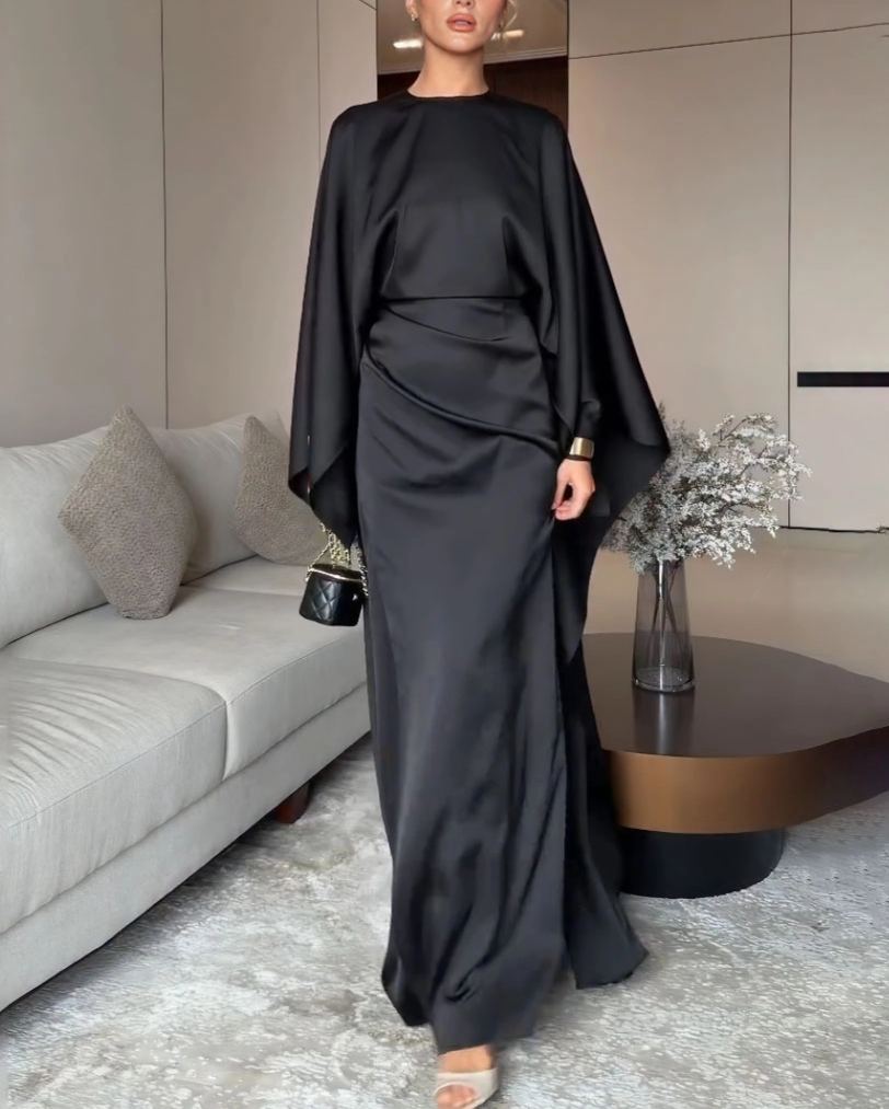 Elegant Satin Pleated Batwing Sleeve Maxi Dress
