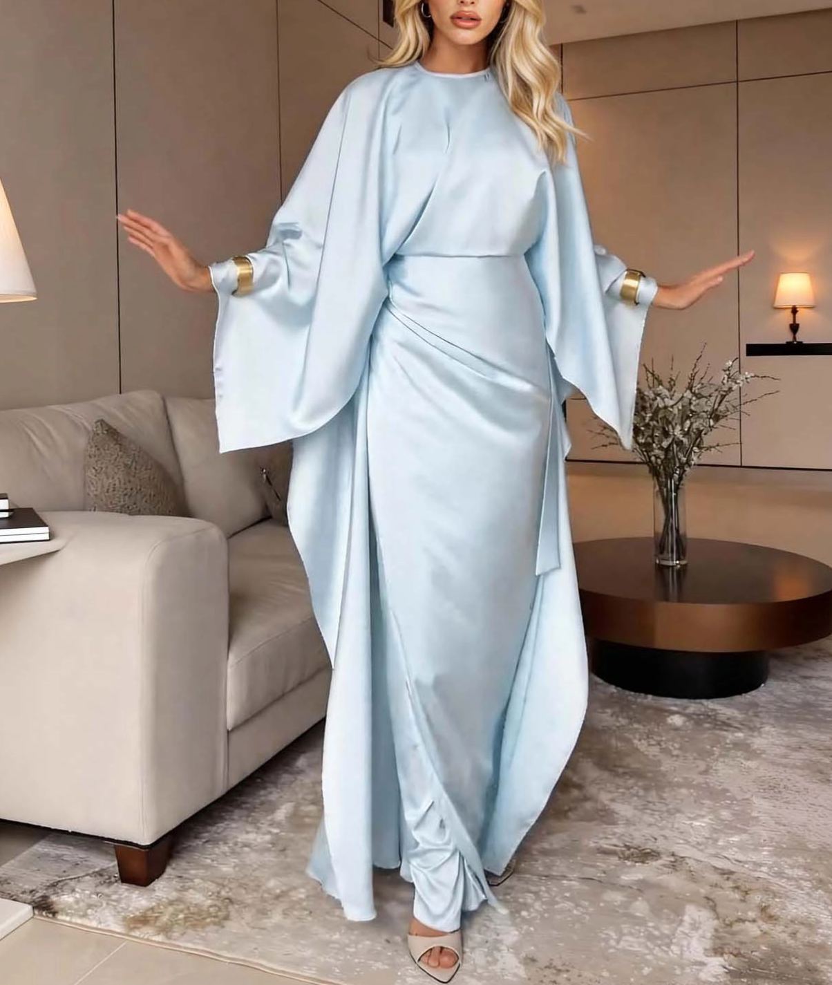 Elegant Satin Pleated Batwing Sleeve Maxi Dress