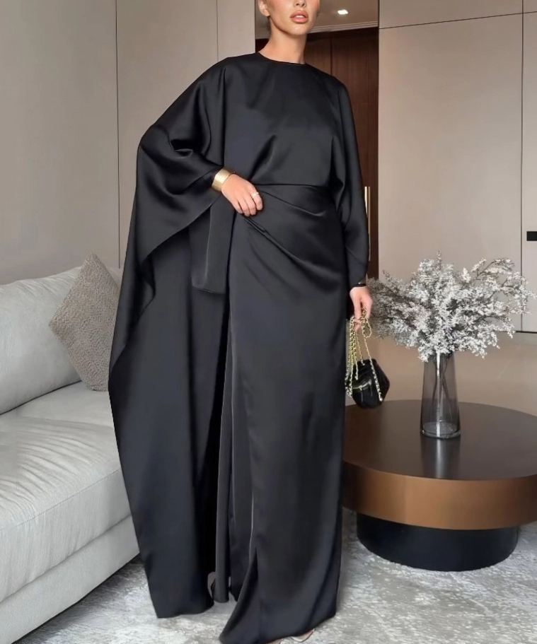Elegant Satin Pleated Batwing Sleeve Maxi Dress