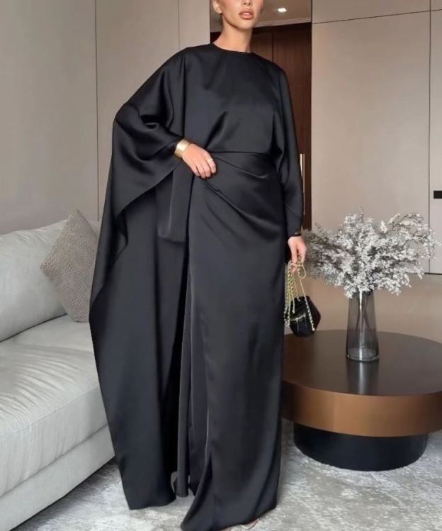 Elegant Satin Pleated Batwing Sleeve Maxi Dress