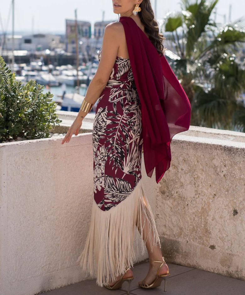 Cherry halter neck fringe dress