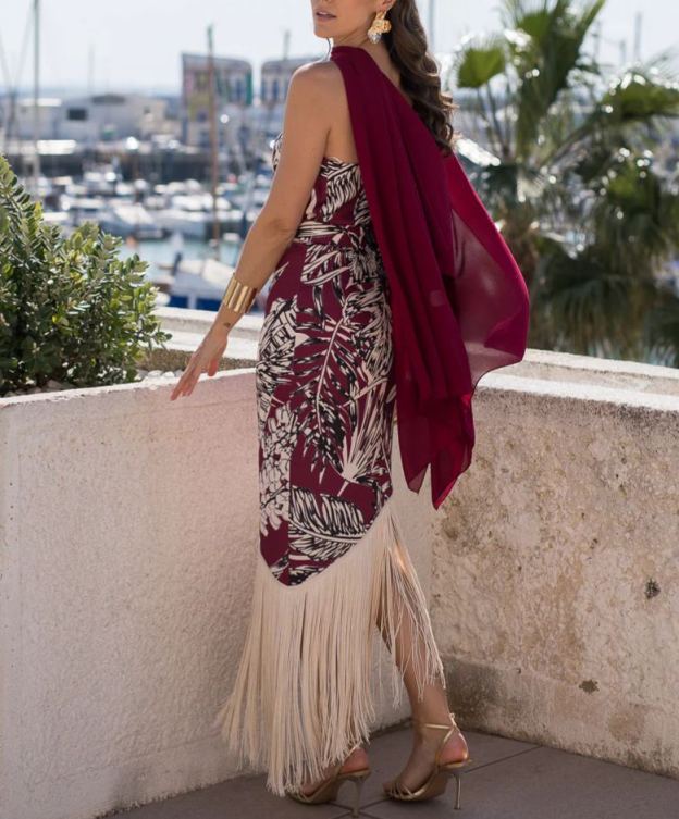 Cherry halter neck fringe dress