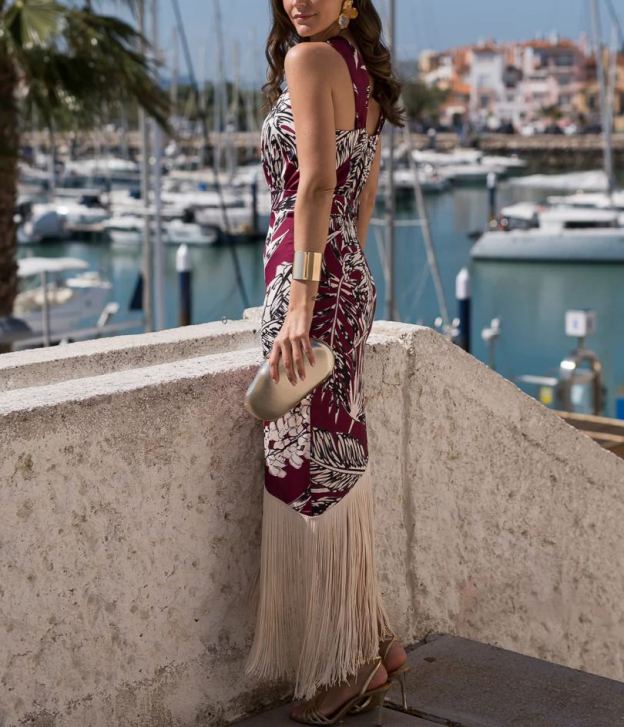 Cherry halter neck fringe dress