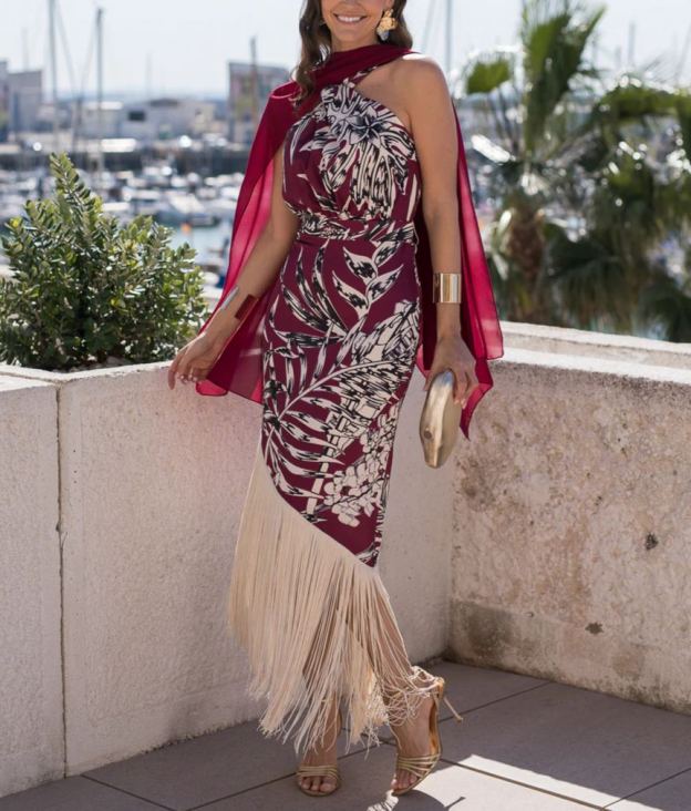 Cherry halter neck fringe dress