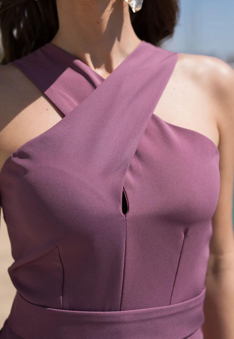 Long halter dress with double aubergine skirt