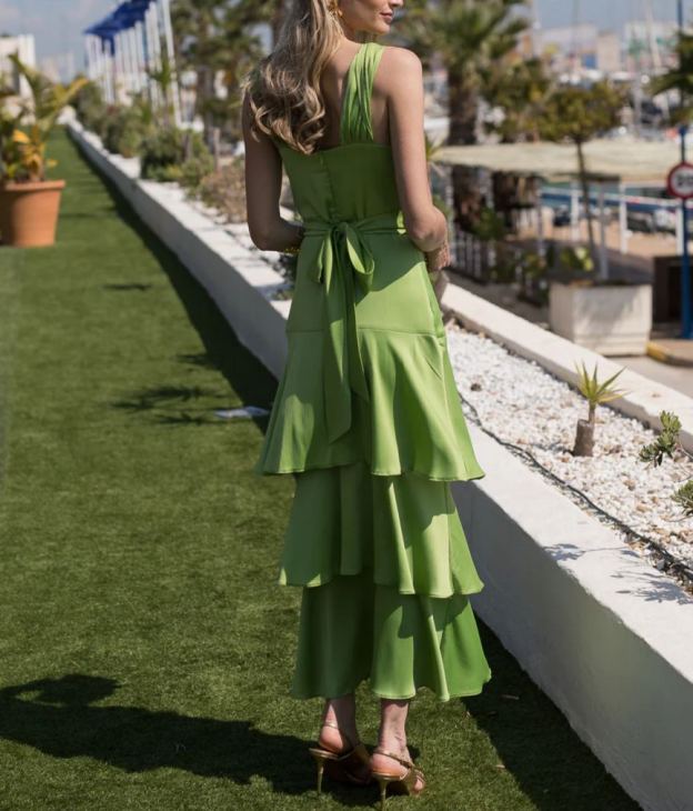 Multi-ruffled halter neck midi dress