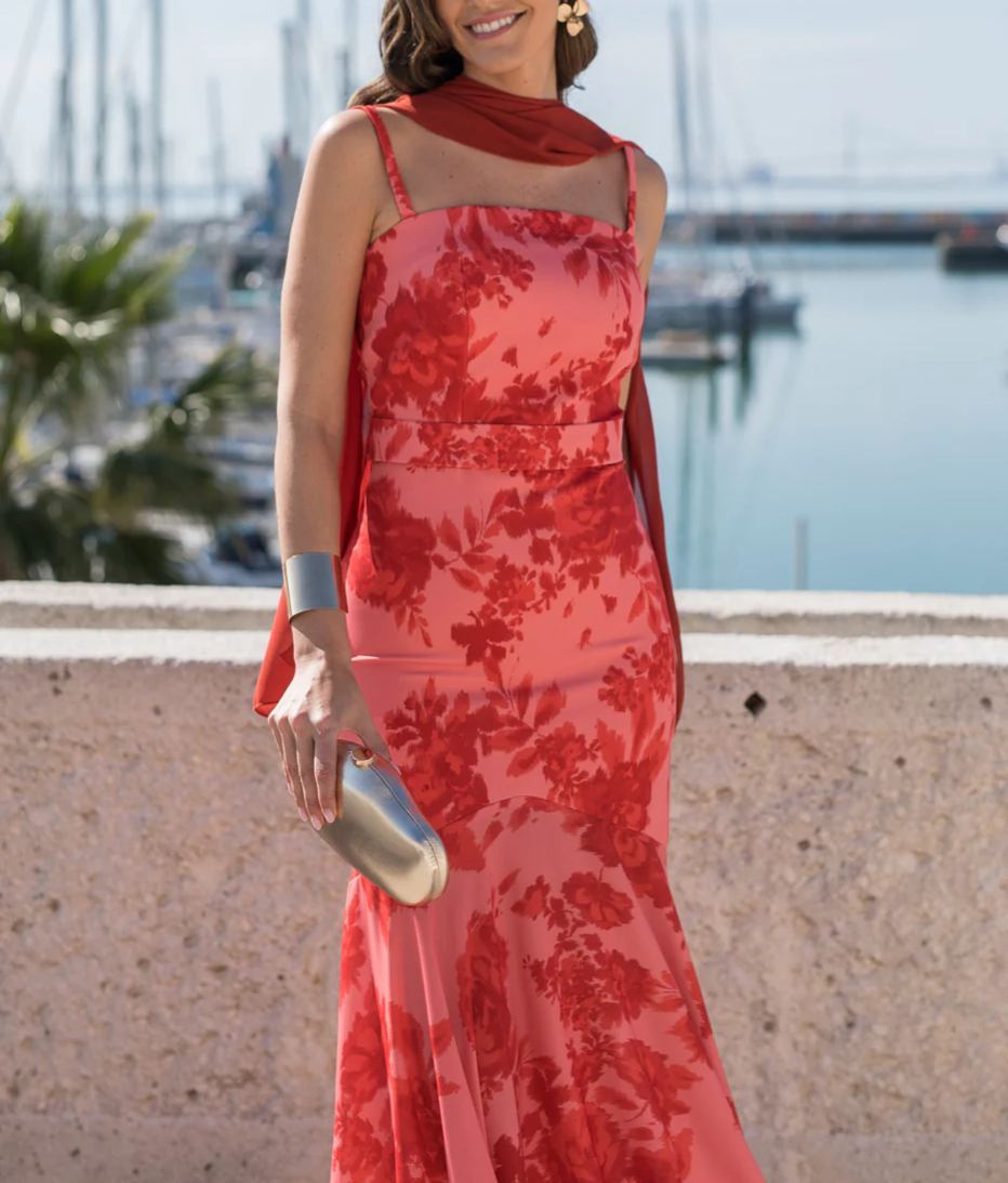 Coral print midi dress
