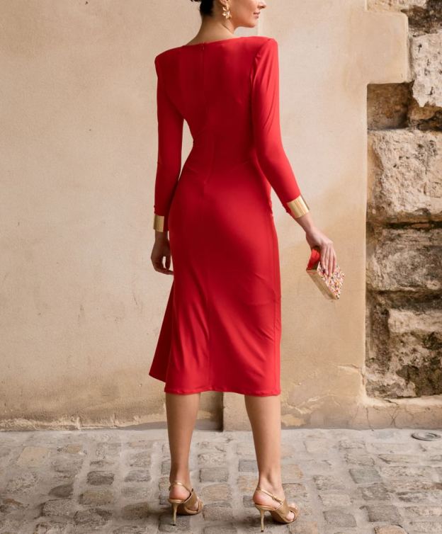 Red midi dress with shoulder pads