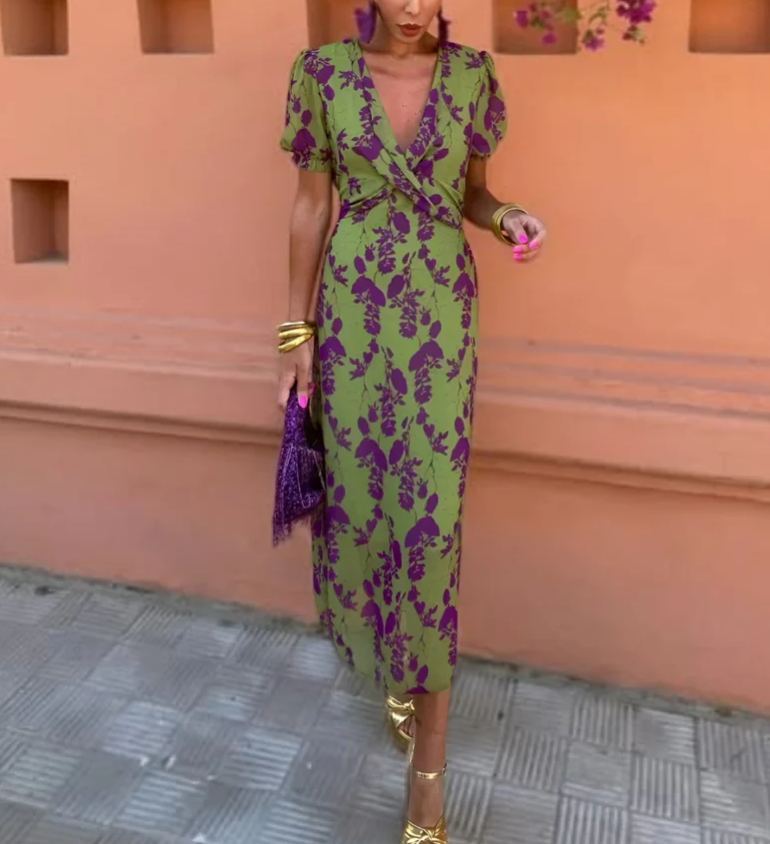 WOMEN'S BOHO FLORAL V-NECK DRESS