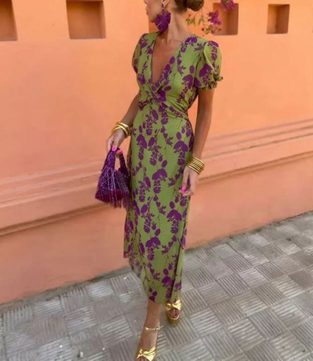 WOMEN'S BOHO FLORAL V-NECK DRESS