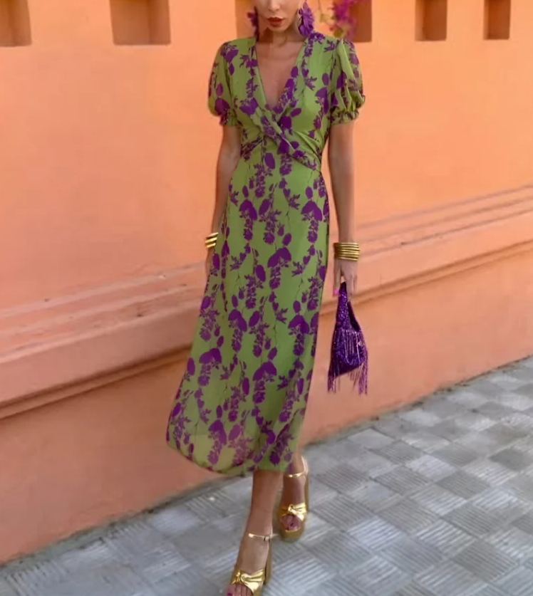 WOMEN'S BOHO FLORAL V-NECK DRESS