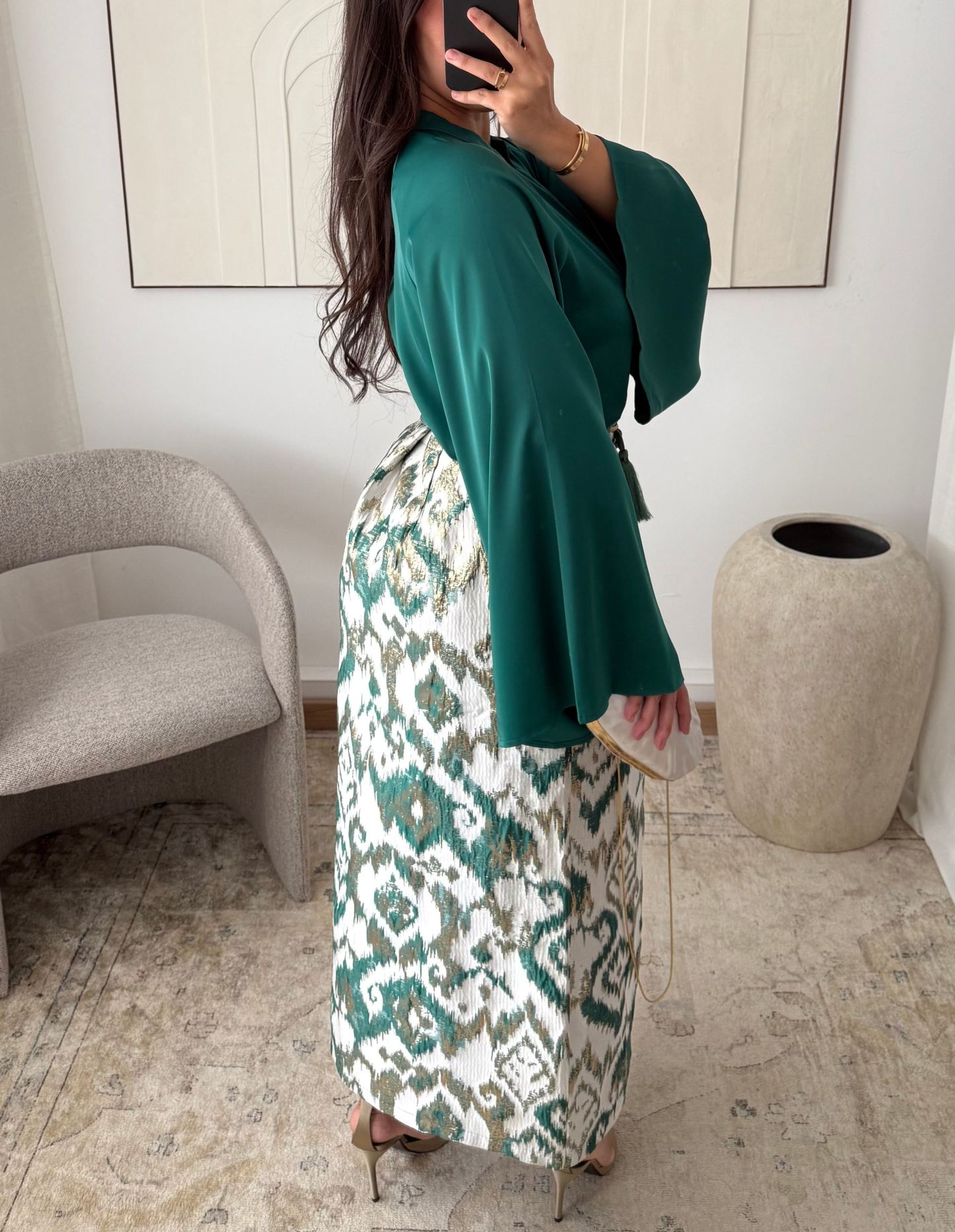 Gold brocade skirt set | Emerald green