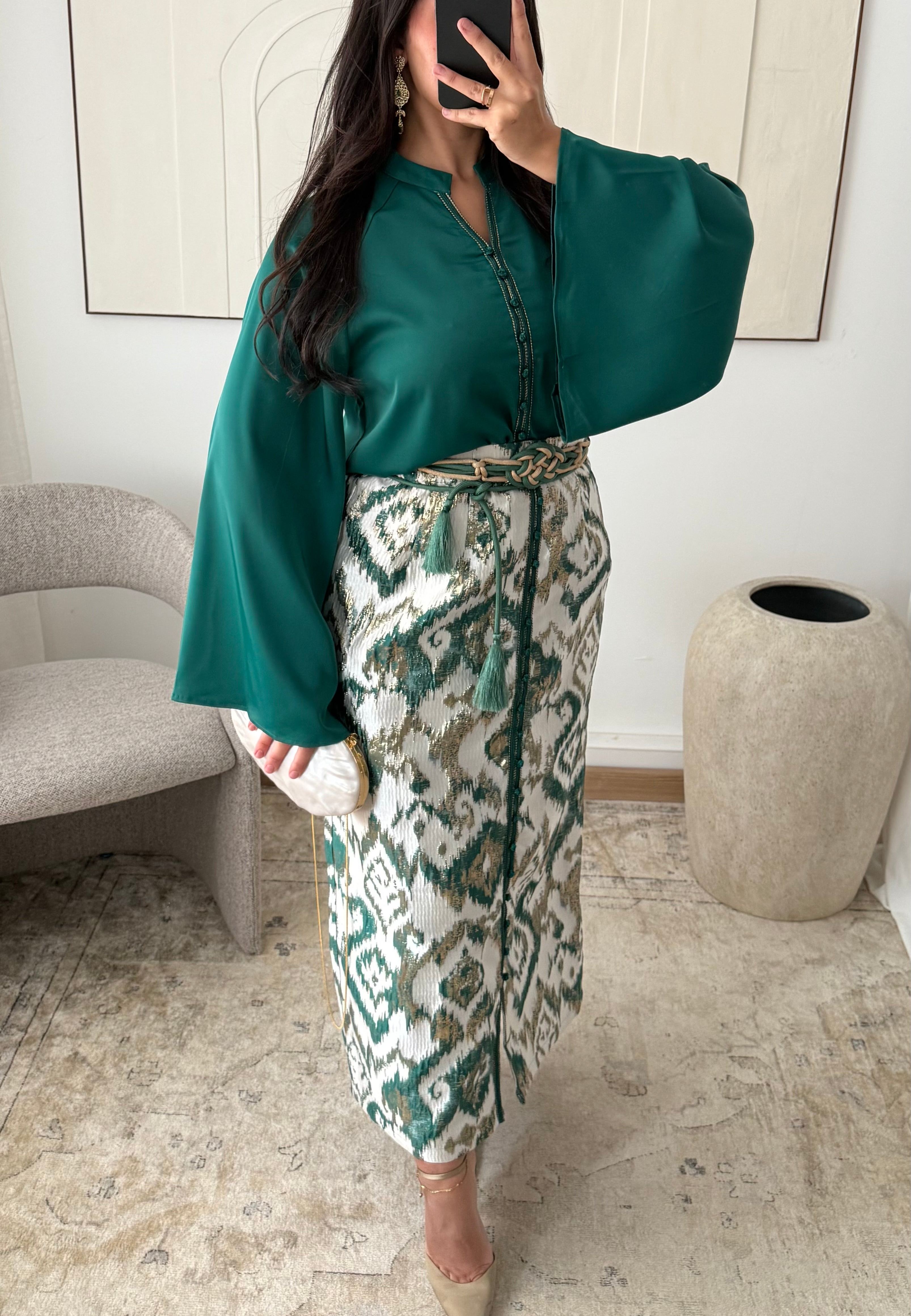 Gold brocade skirt set | Emerald green