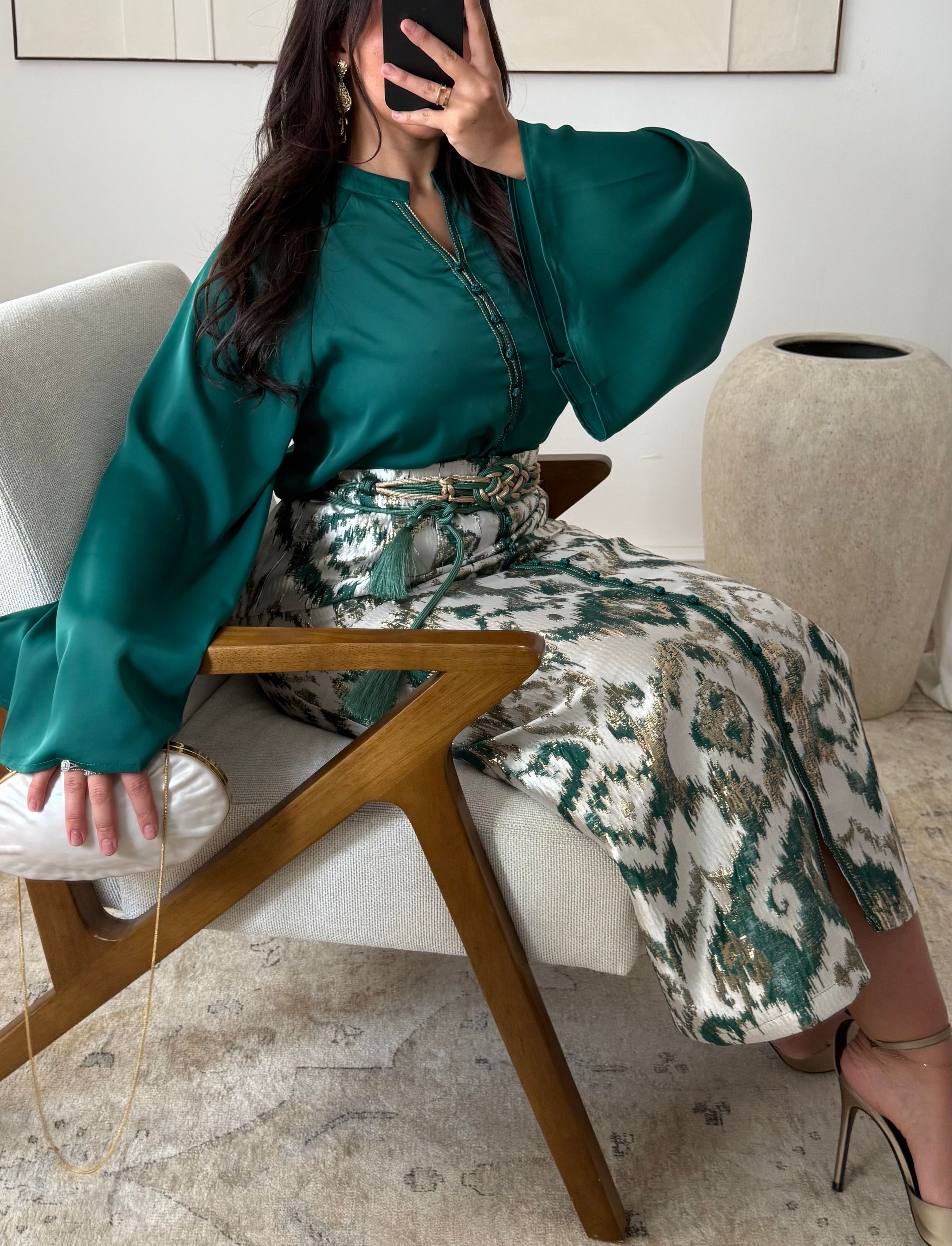 Gold brocade skirt set | Emerald green