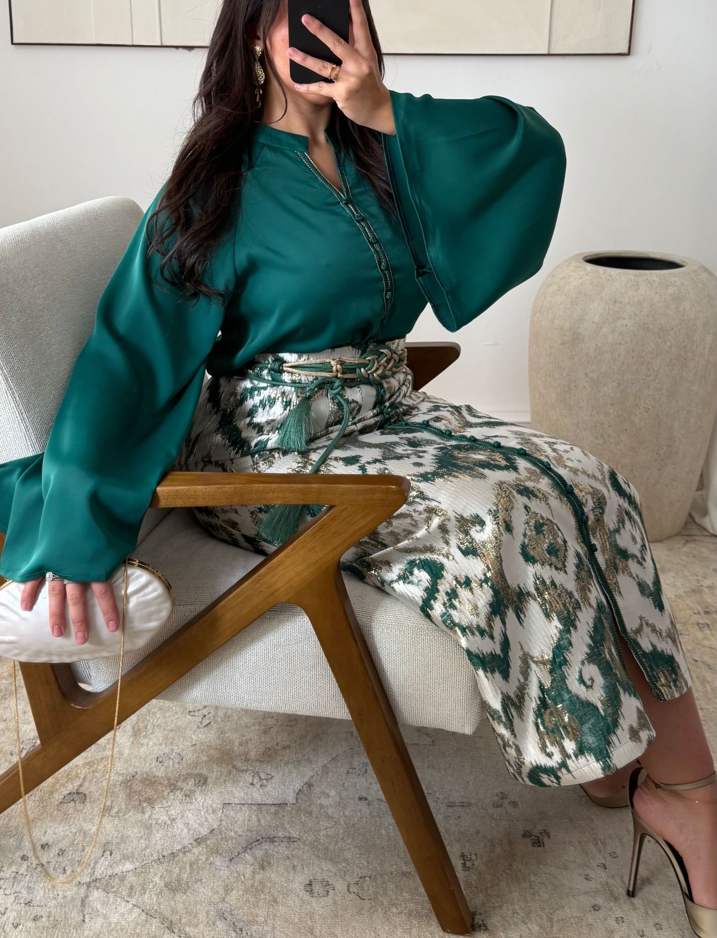 Gold brocade skirt set | Emerald green