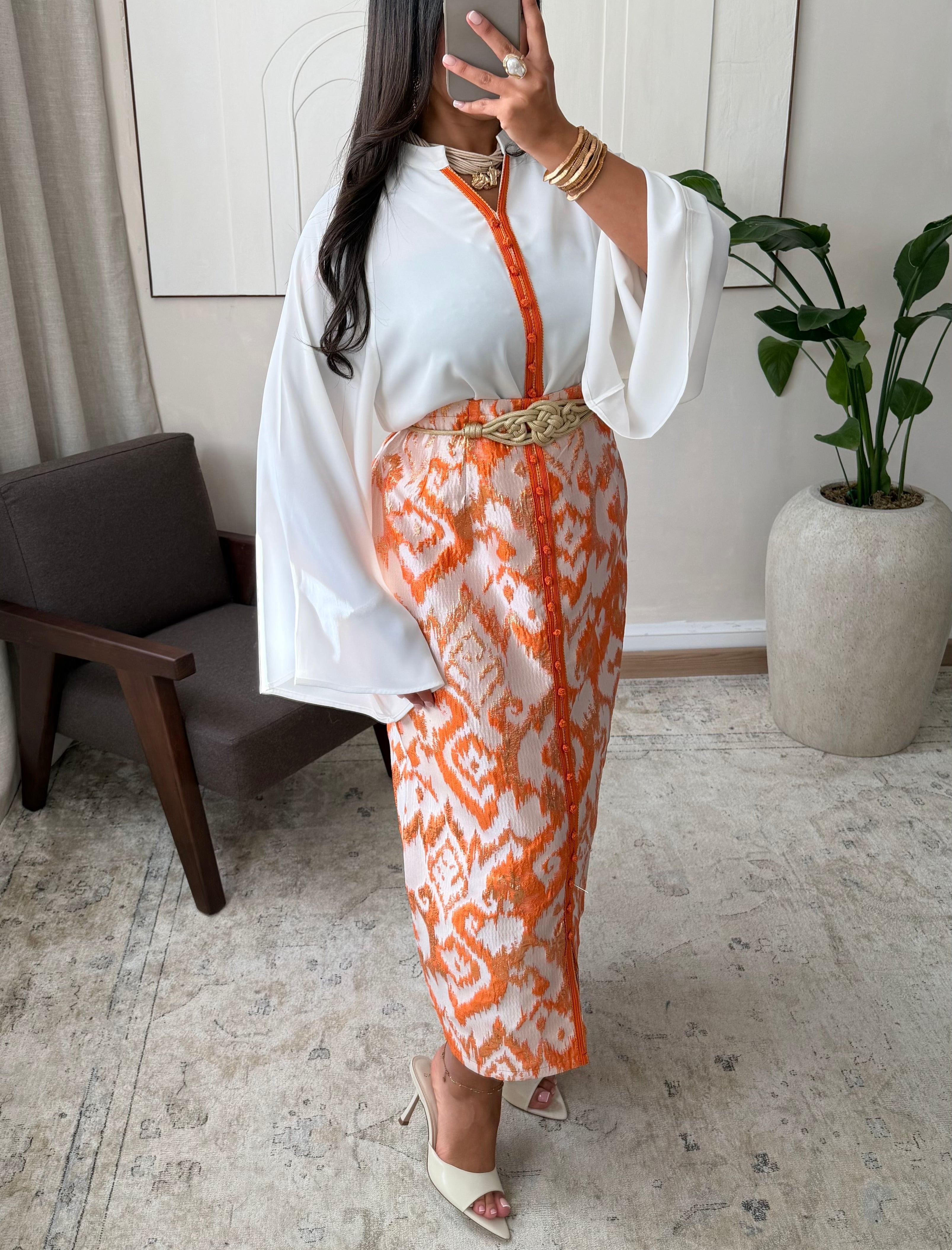 Gold brocade skirt set | Orange