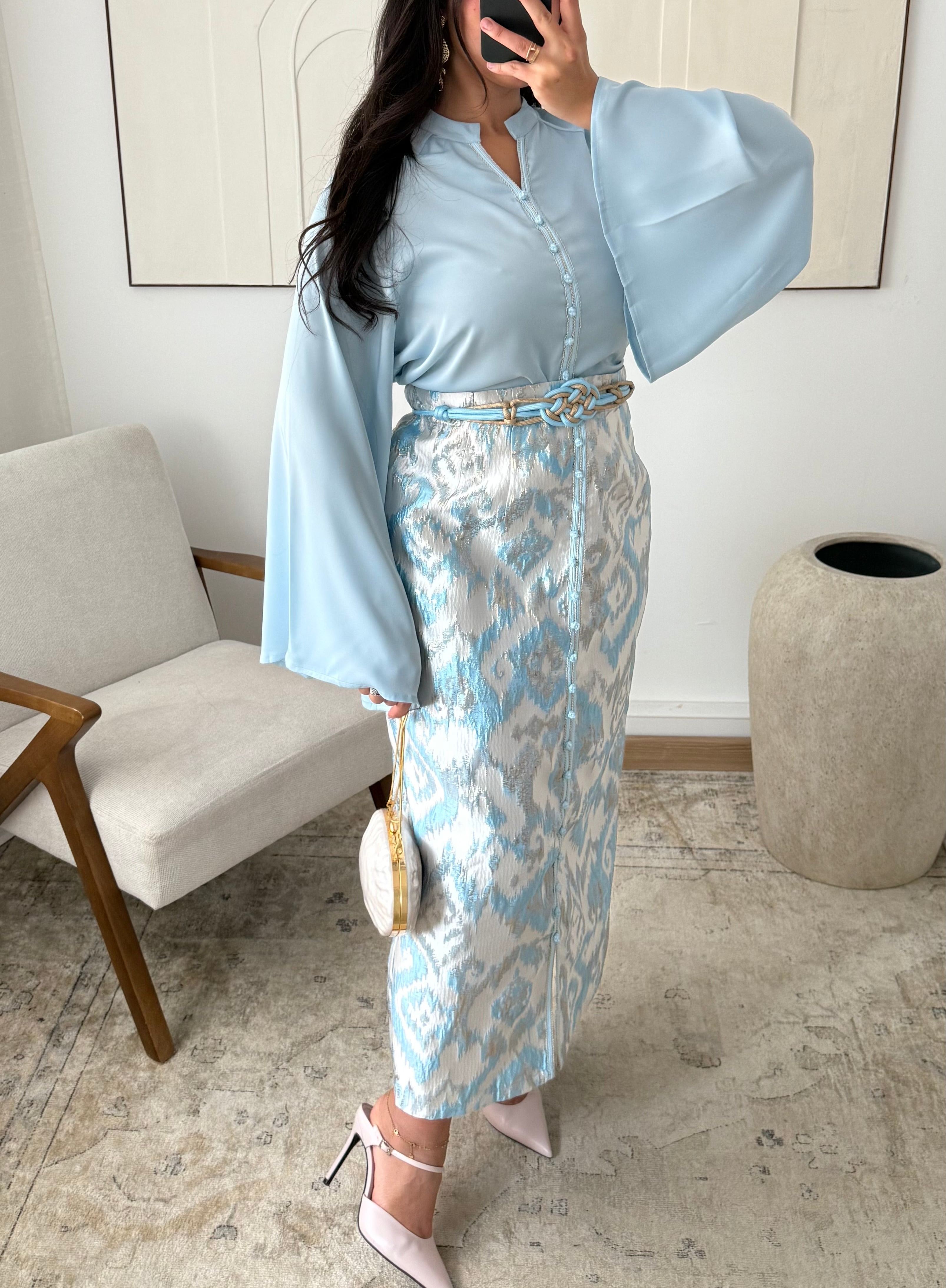 Gold brocade skirt set | Sky blue