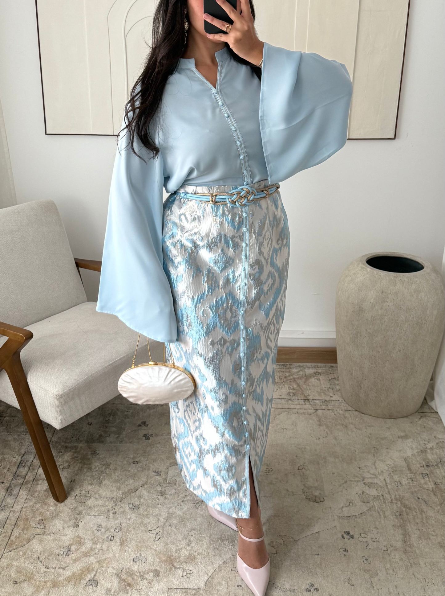Gold brocade skirt set | Sky blue