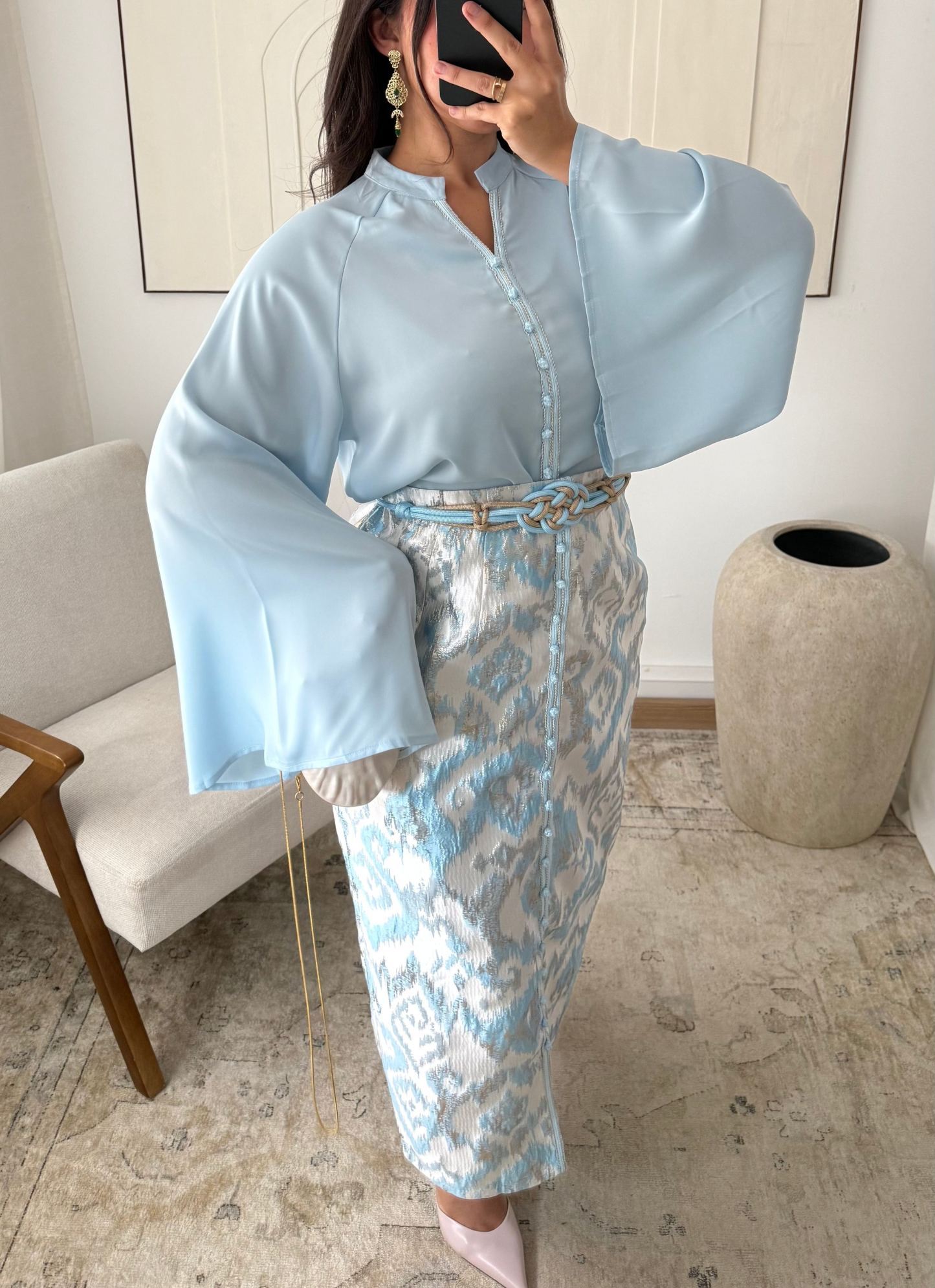 Gold brocade skirt set | Sky blue
