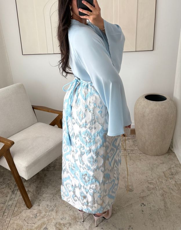 Gold brocade skirt set | Sky blue