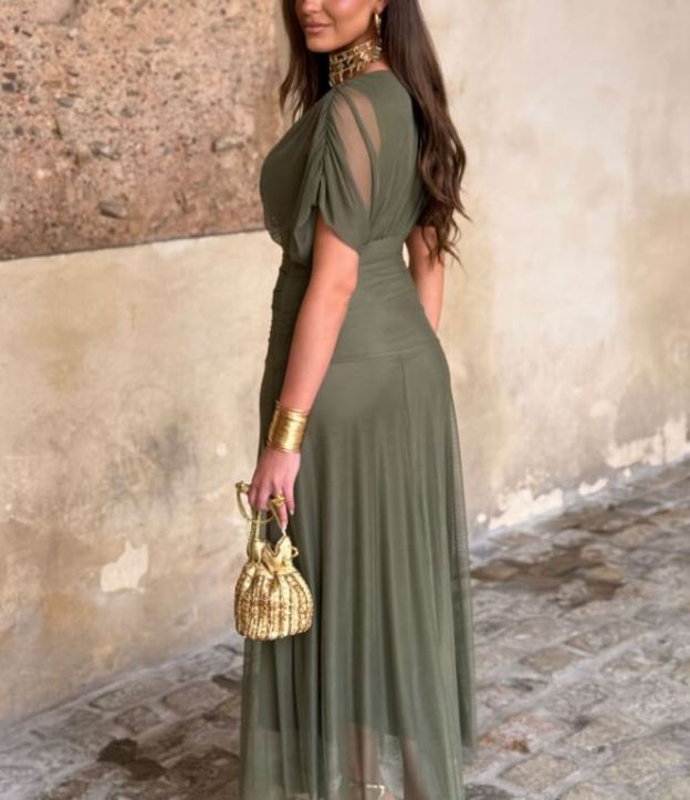 Solid Green Draped Chiffon Dress