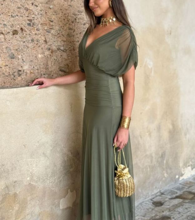Solid Green Draped Chiffon Dress