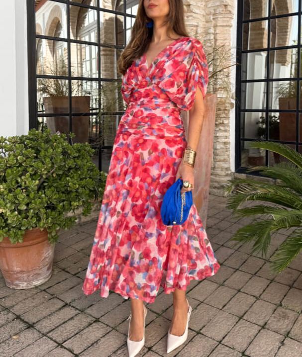 Floral dress in red and blue tulle