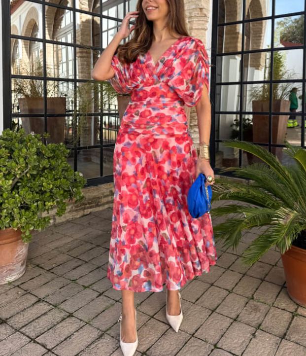 Floral dress in red and blue tulle