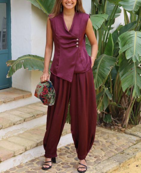 Satin shirt with eggplant purple buttons + trousers two-piece set