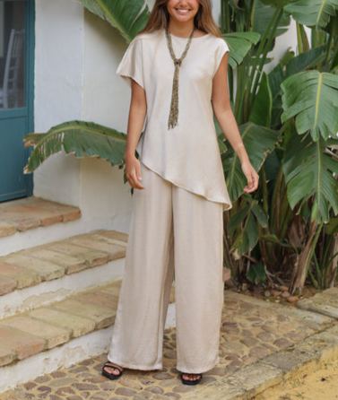 Asymmetrical satin shirt + trousers two-piece set