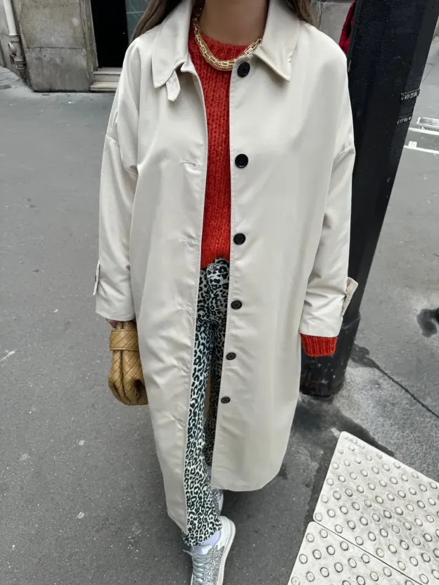 Button Detailed Stone Color Trench Coat