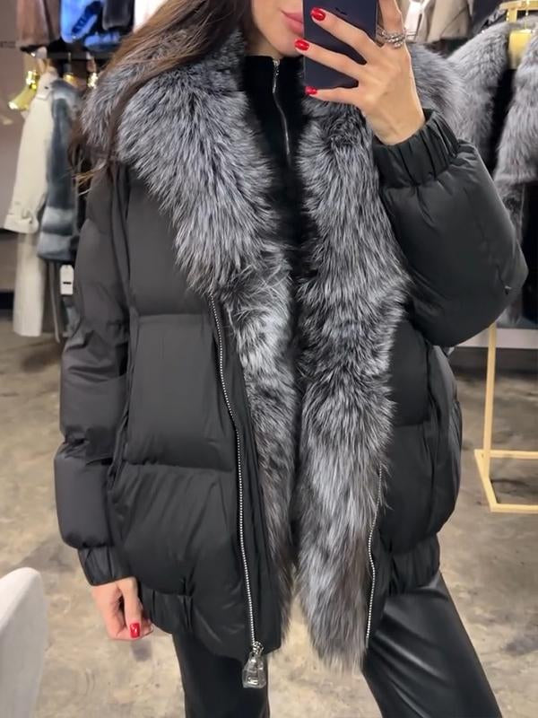 Fur Patchwork Zipper Cotton Coat