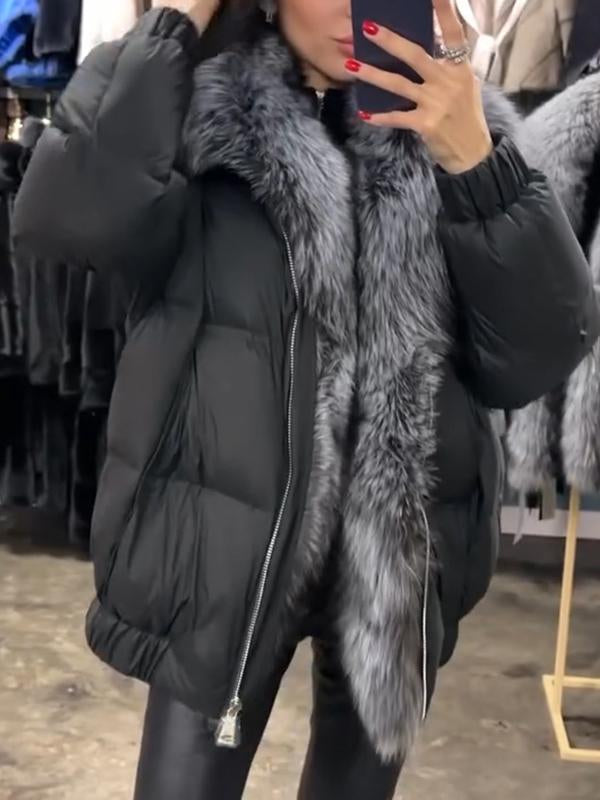 Fur Patchwork Zipper Cotton Coat