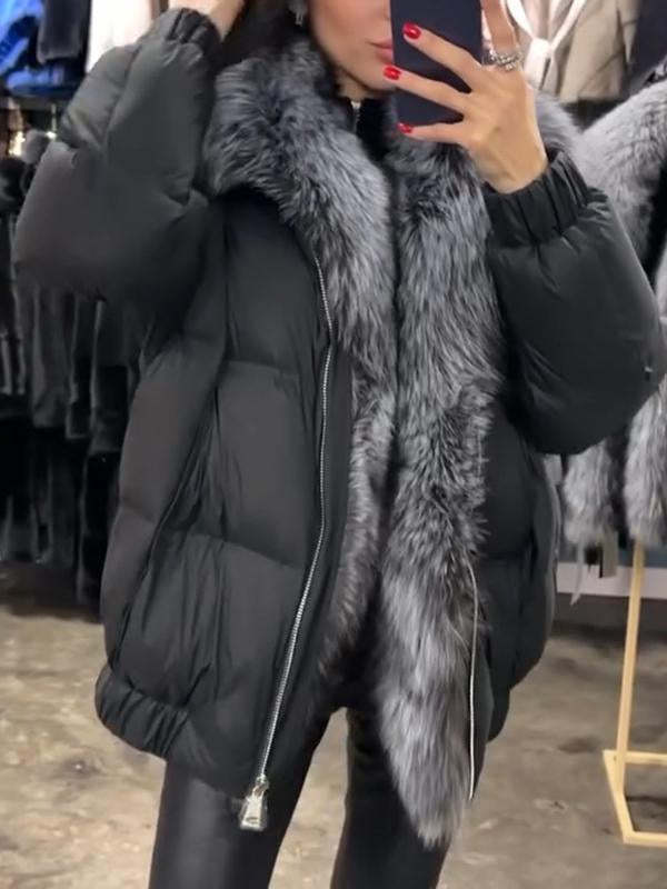 Fur Patchwork Zipper Cotton Coat