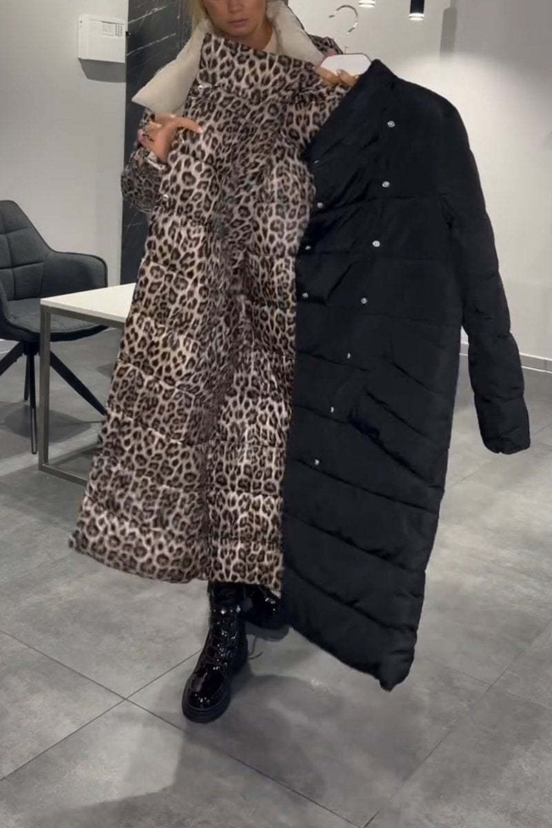 Abrigo de plumón de pato de lujo con estampado de leopardo y doble cara