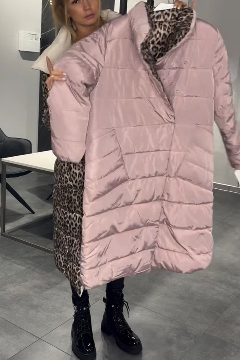 Abrigo de plumón de pato de lujo con estampado de leopardo y doble cara