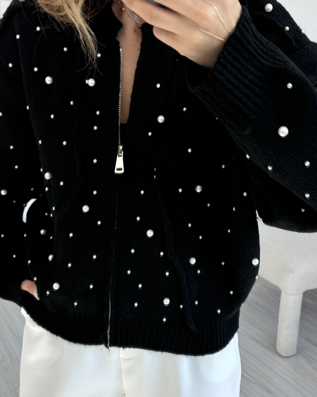 Black Pearled Wool Cardigan