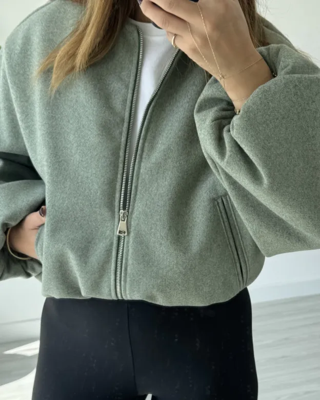 Green Zippered Short Cashmere Jacket