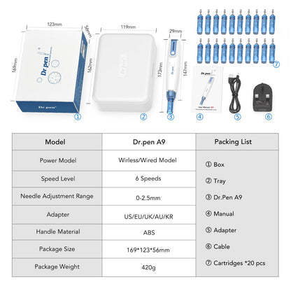 Dr.Pen A9 Microneedling Pen Kit Wireless Micro Needling Derma Pen for Face and Body 6 Speed Adajustable with 12 pin 24 pin 36 pin Nano Round Cartridges for Women and Men