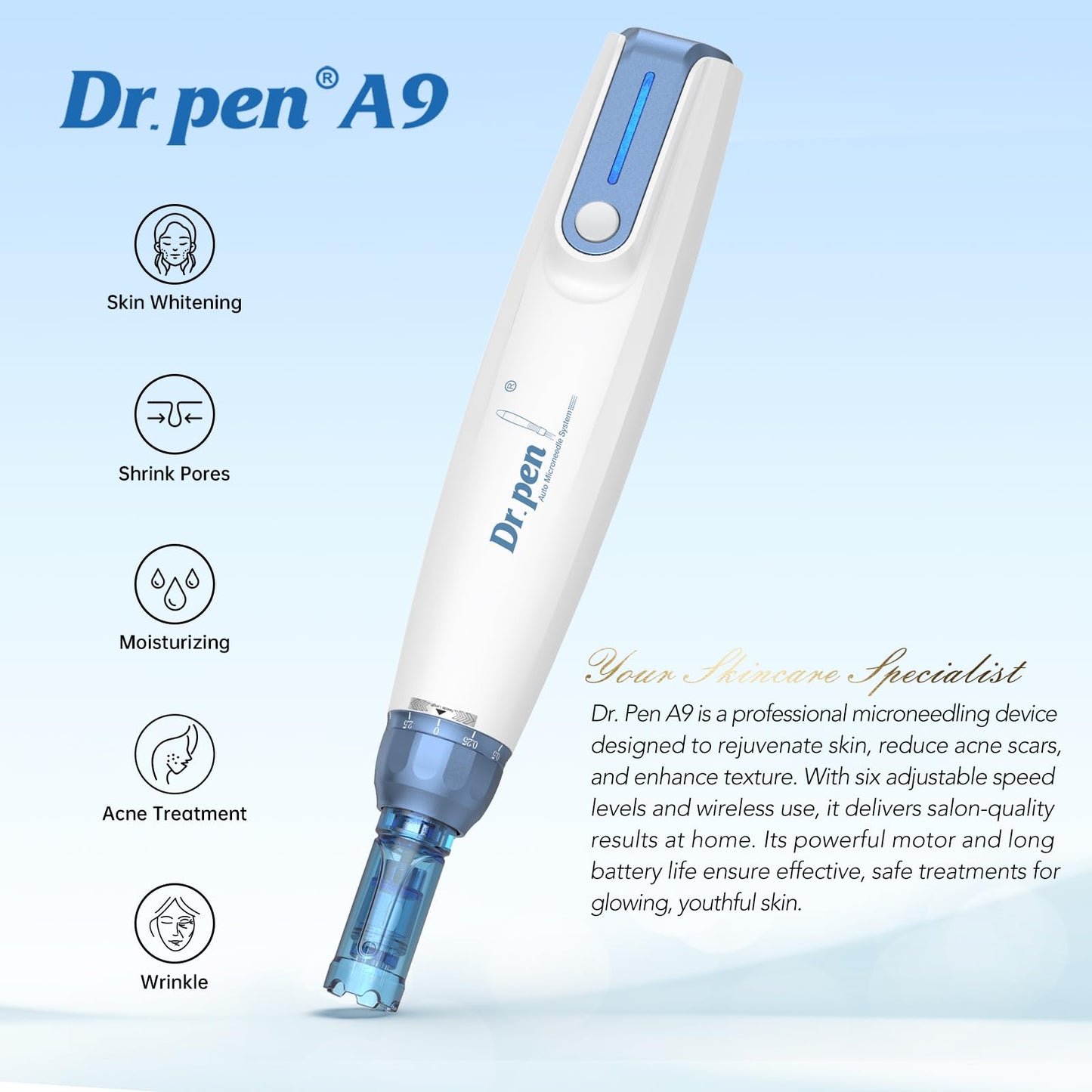 Dr.Pen A9 Microneedling Pen Kit Wireless Micro Needling Derma Pen for Face and Body 6 Speed Adajustable with 12 pin 24 pin 36 pin Nano Round Cartridges for Women and Men