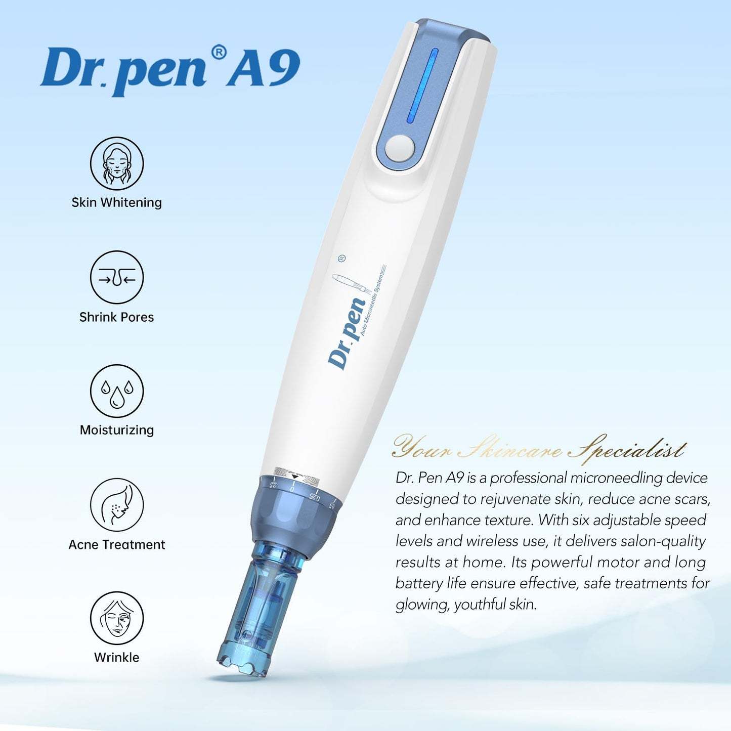 Dr.Pen A9 Microneedling Pen Kit Wireless Micro Needling Derma Pen for Face and Body 6 Speed Adajustable with 12 pin 24 pin 36 pin Nano Round Cartridges for Women and Men