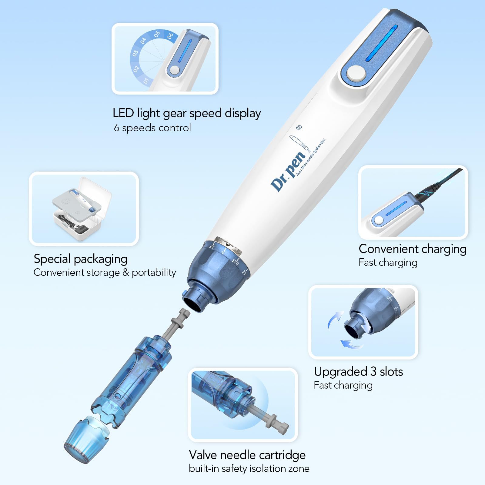 Dr.Pen A9 Microneedling Pen Kit Wireless Micro Needling Derma Pen for Face and Body 6 Speed Adajustable with 12 pin 24 pin 36 pin Nano Round Cartridges for Women and Men